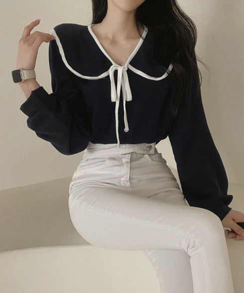 ビッグ襟ブラウス リボンタイブラウス長袖 レディース バイカラーシャツブラウス フレンチガーリー 大きめ襟トップス ゆったり韓国ファッション  着やせ 体型カバー 84WANJIA-022